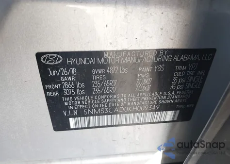 2019 Hyundai Santa Fe Sel z USA, uszkodzony, nr VIN 5NMS3CAD0KH009349